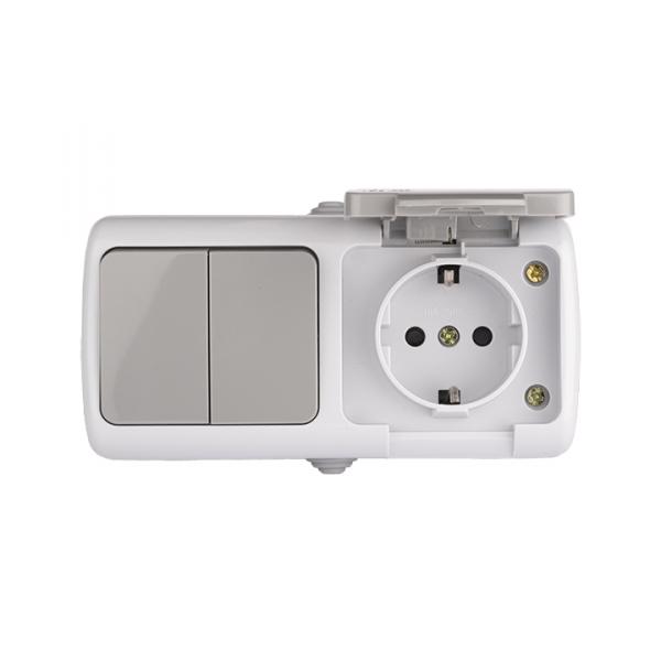 EKF  Мурманск  Серый Блок  розетка 1-местная 16А с заземляющими контактами с крышкой + 2-клавишный выключатель IP54 EFRV16-052-30-540